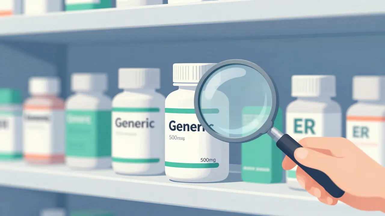 Cartoon illustration of generic metformin pill bottles with a magnifying glass focusing on the dosage.