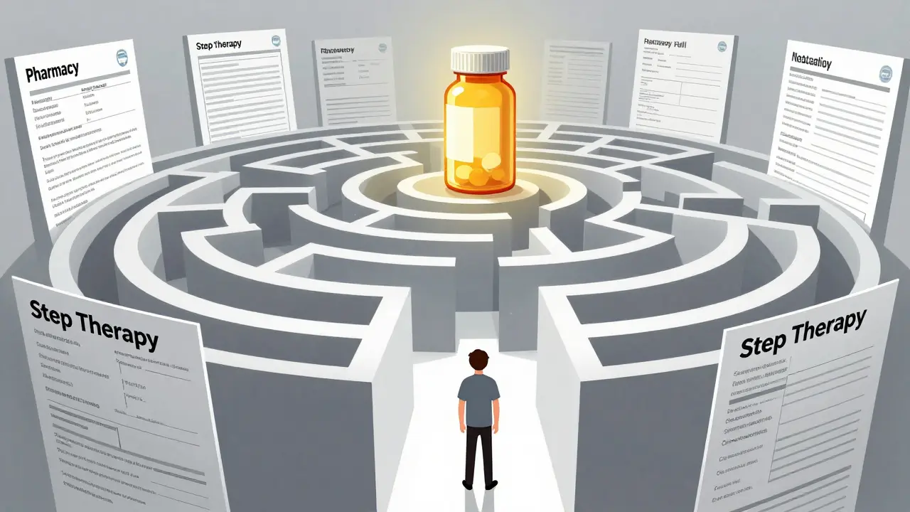 Cartoon of a patient navigating a maze of insurance forms and bills to reach their medication.