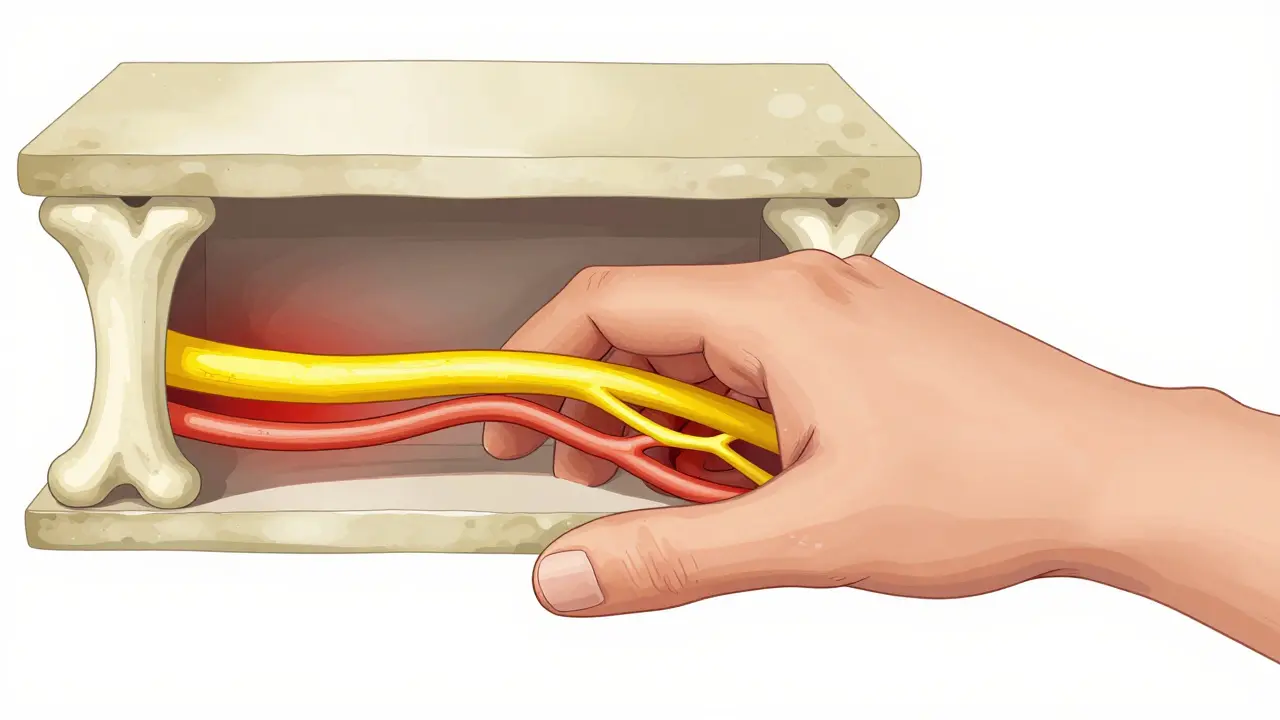 Conceptual cross-section of the carpal tunnel showing a compressed median nerve.