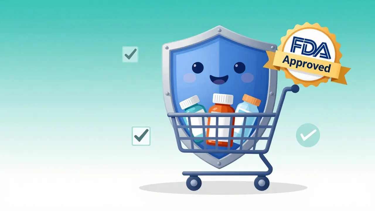 Editorial illustration of a digital shopping cart protected by a security shield and approval seals.