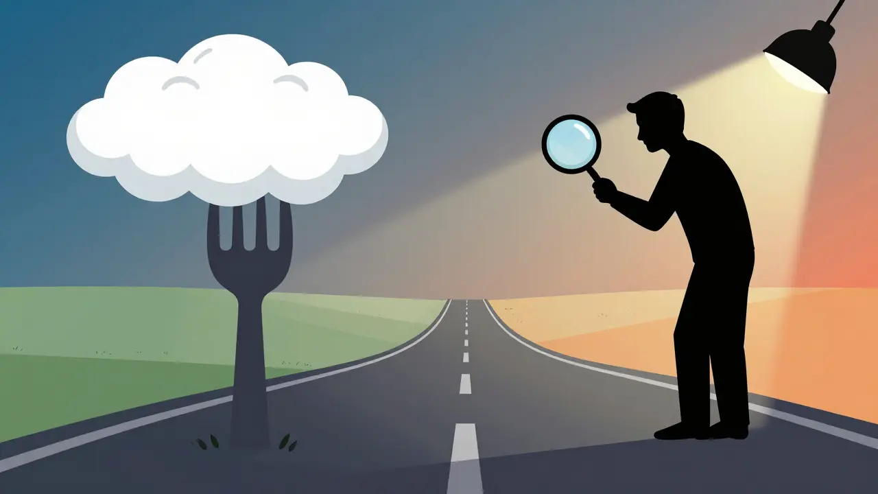 Thinker pausing at a fork to choose careful analysis over speed.